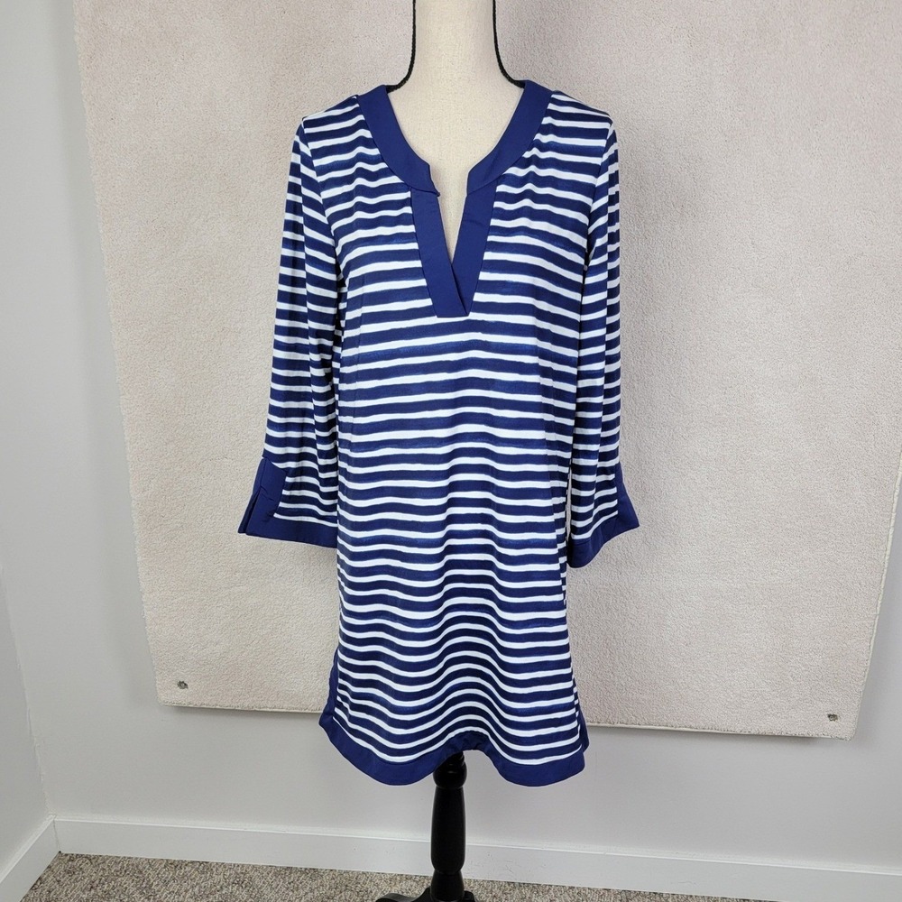 Aqua et Sol Striped Tunic Dress Women L Navy Blue White Split V-Neck Travel - Picture 2 of 12